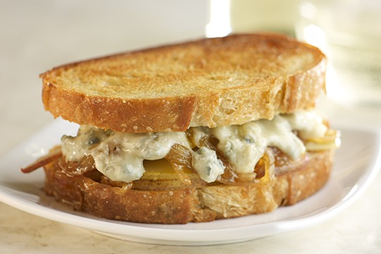 Gorgonzola, Pear and Fried Onion Grilled Cheese with BelGioioso’s Gorgonzola