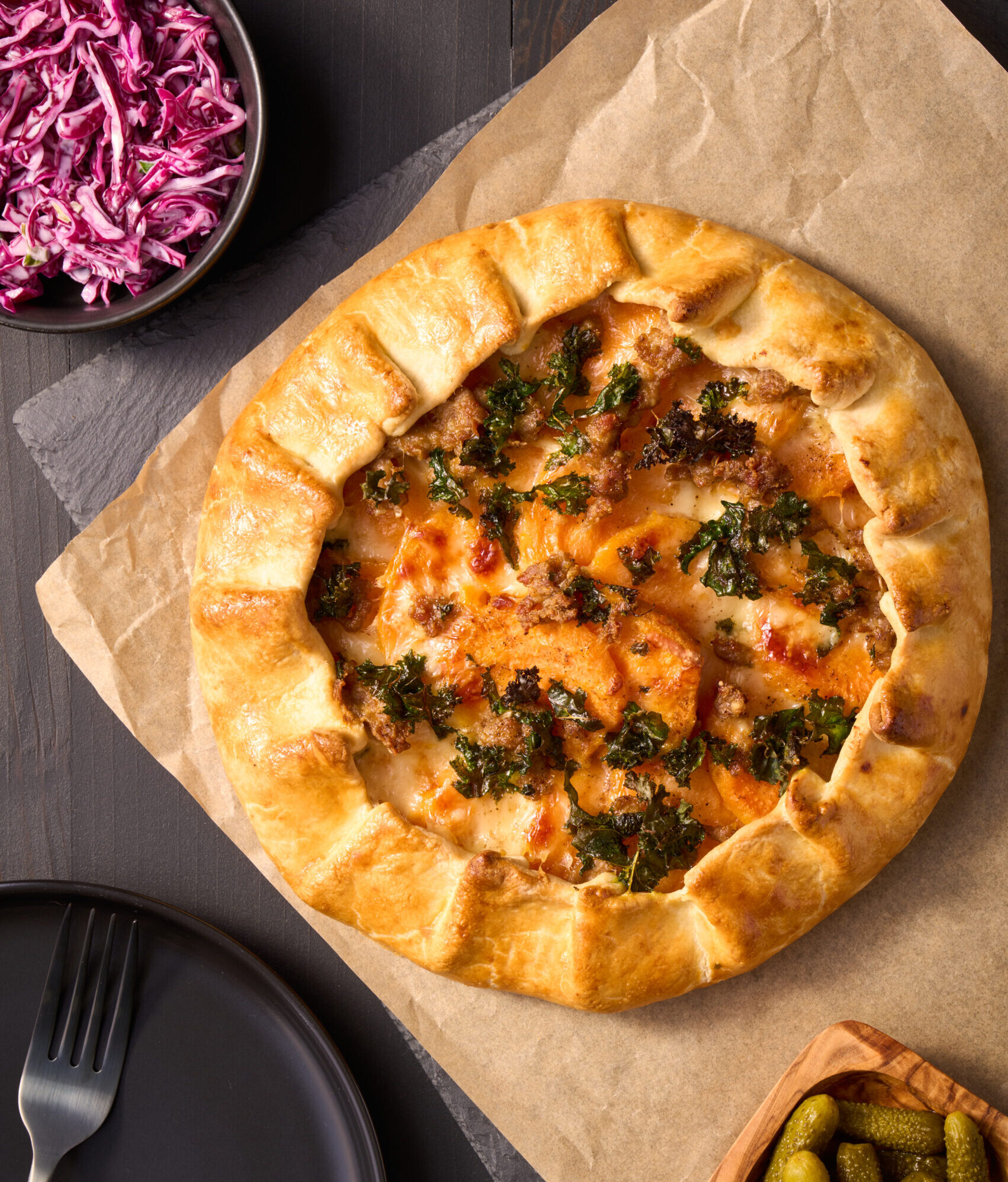 Sweet Potato, Raclette, and Sausage Galette