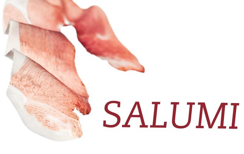 A wavy slice of charcuterie frames the word, "Salumi"