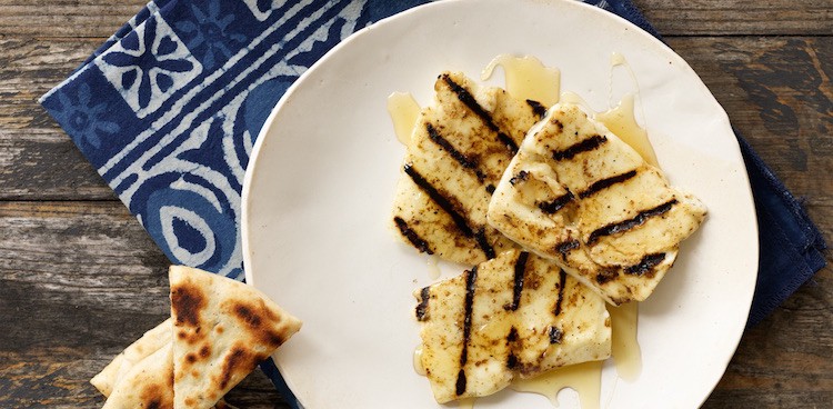 Grilled Halloumi with Shiitake Mushroom Marinade and Truffle Honey Drizzle