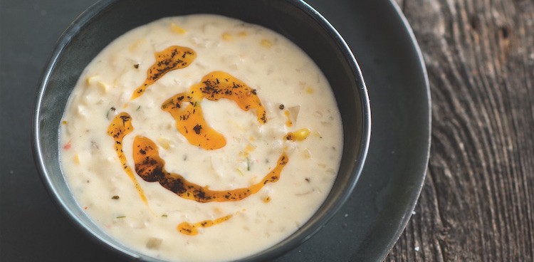 Fresh Corn Soup with Rice, Yogurt, and Sizzling Mint Butter
