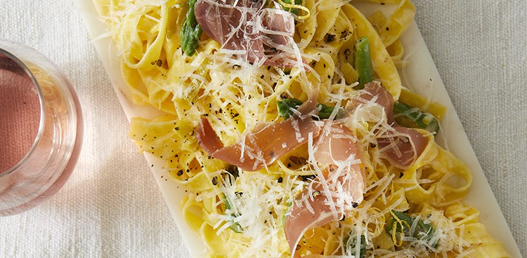 tagliatelle with lemon cream, asparagus, and prosciutto